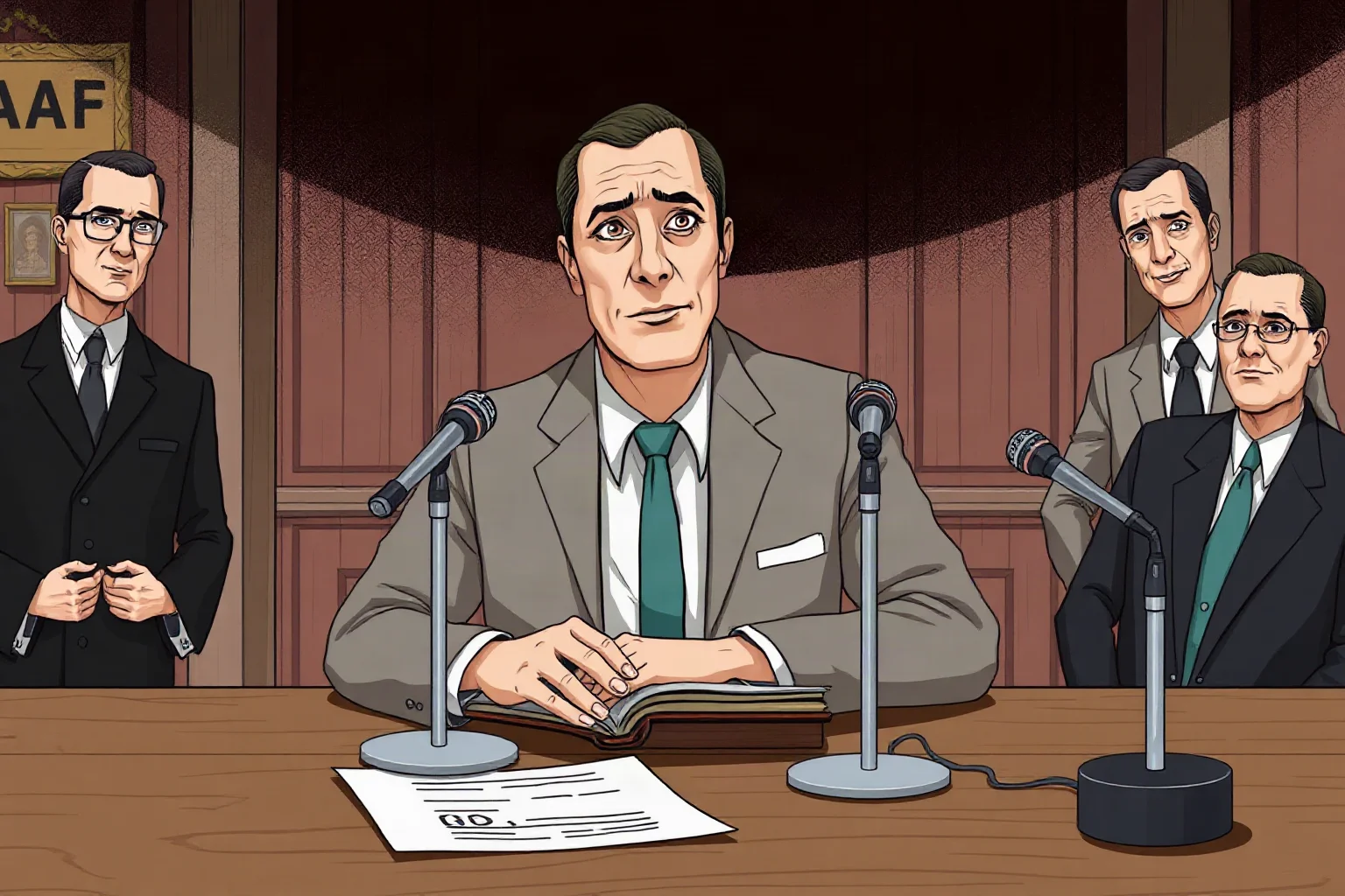 Illustration of a fictional 1950s well-dressed mob figure testifying at a wooden table with microphones