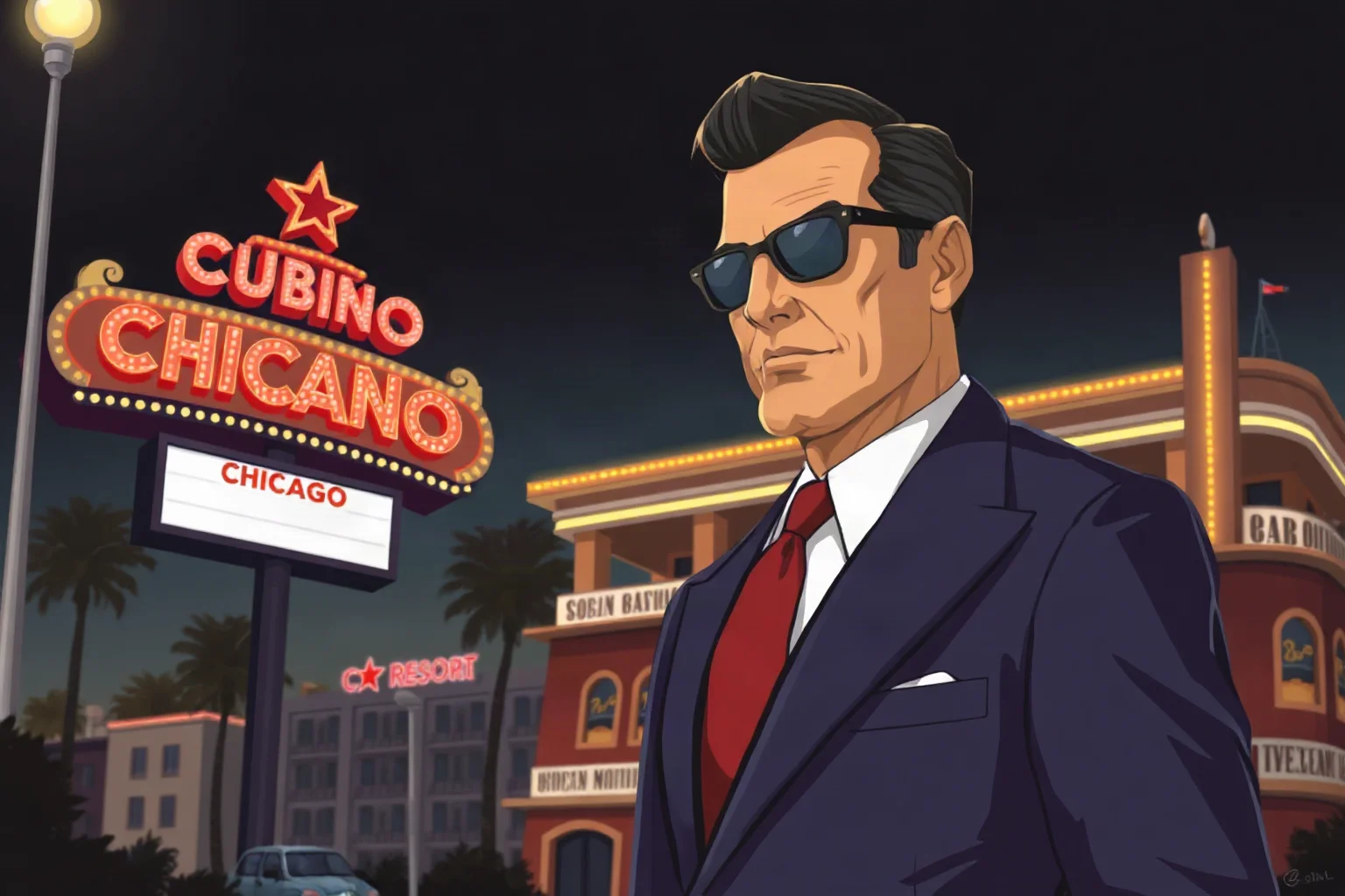Illustration of a fictional 1960s Chicago mob boss in a suit standing near a casino sign, subtle Cuban resort backdrop