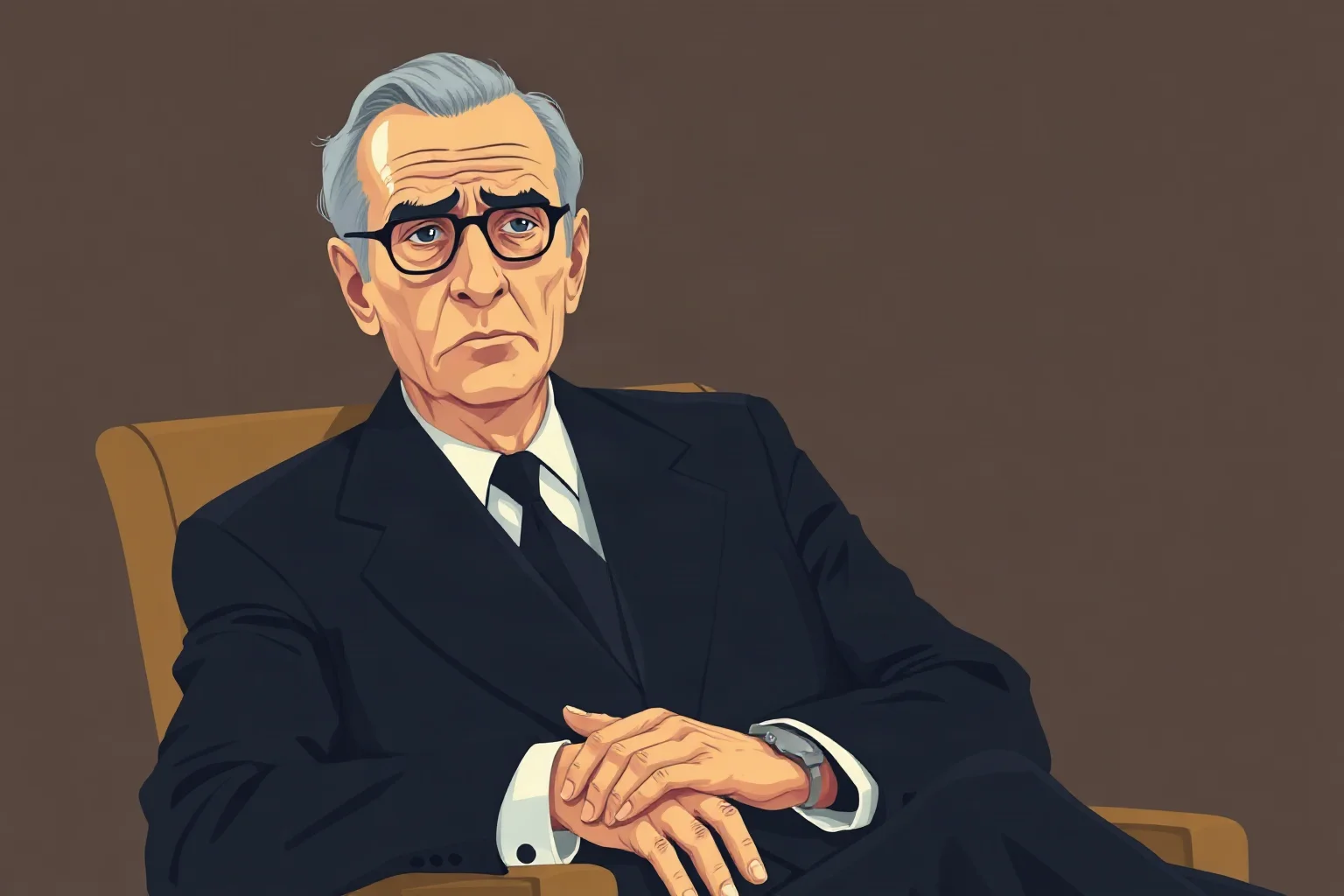 Illustration of a fictional 1960s older Italian-American mob boss in a suit sitting for a formal portrait