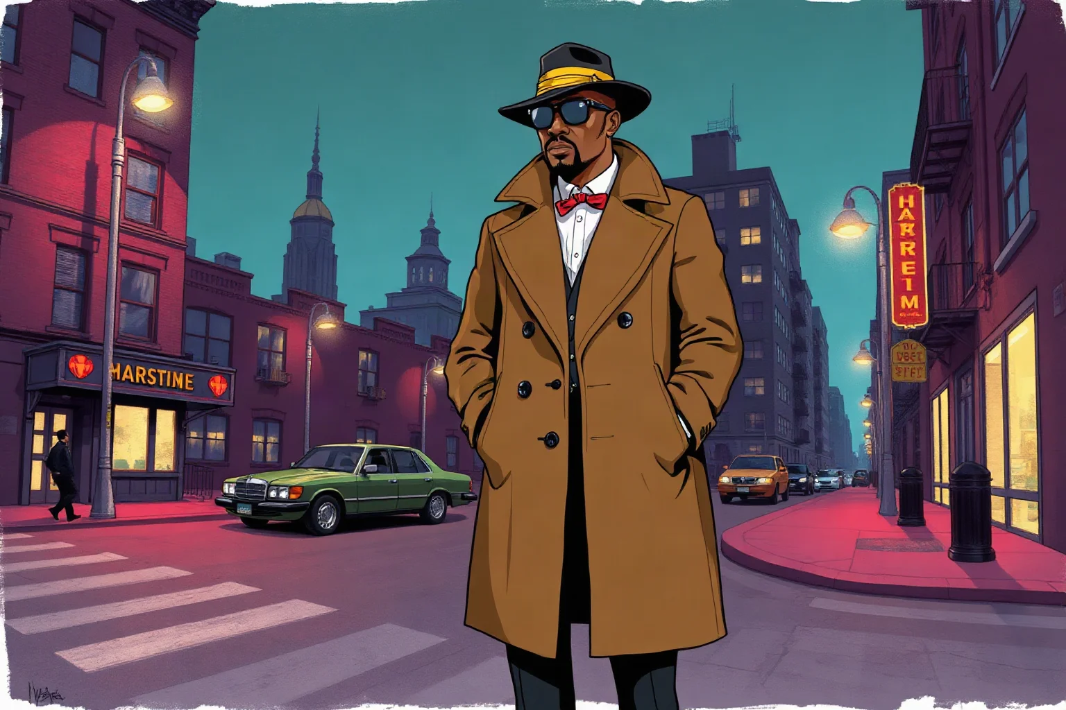 Illustration of a fictional 1970s Harlem crime figure in a stylish coat standing on a city street at night