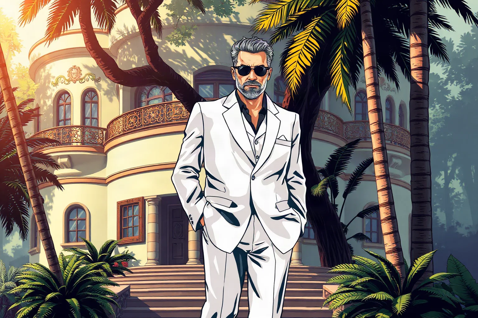 Illustration of a fictional 1980s cartel figure in a white suit standing before a jungle estate, non-photorealistic style