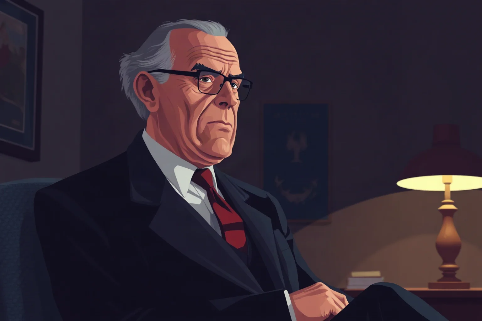 Illustration of a fictional aging 1950s mafia boss in a dark suit sitting in a dim office
