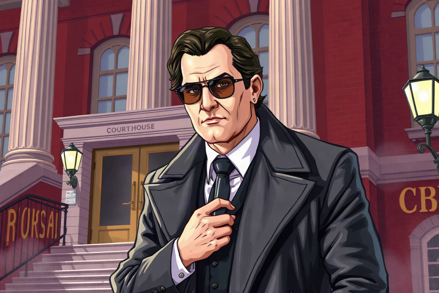 Illustration of a fictional flashy 1980s mob boss in an expensive overcoat outside a courthouse