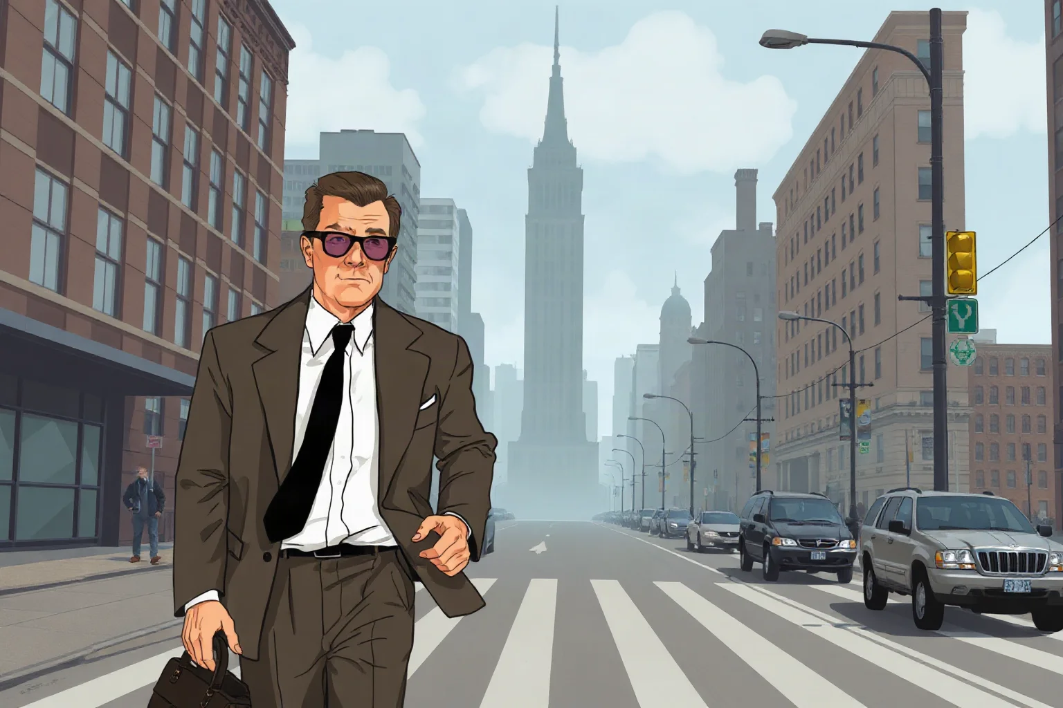 Illustration of a fictional quiet, plainly dressed 1960s mob boss walking down a New York street