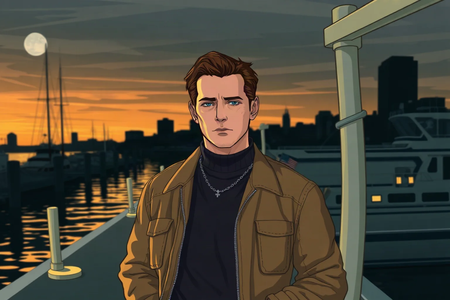Illustration of a fictional weathered 1990s Boston gangster in a jacket standing near a harbor at dusk