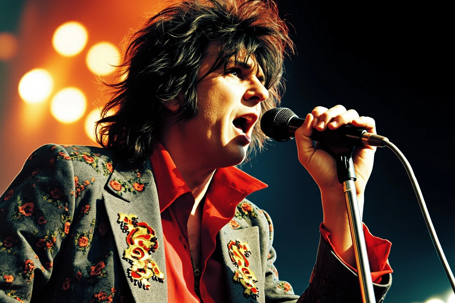 Illustration of a flamboyant 1970s rock frontman singing dramatically into a microphone stand, arena lights behind him