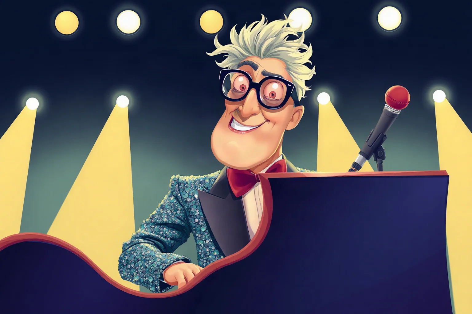 Illustration of a flamboyant pianist in oversized glasses and a sequined outfit performing under bright stage lights