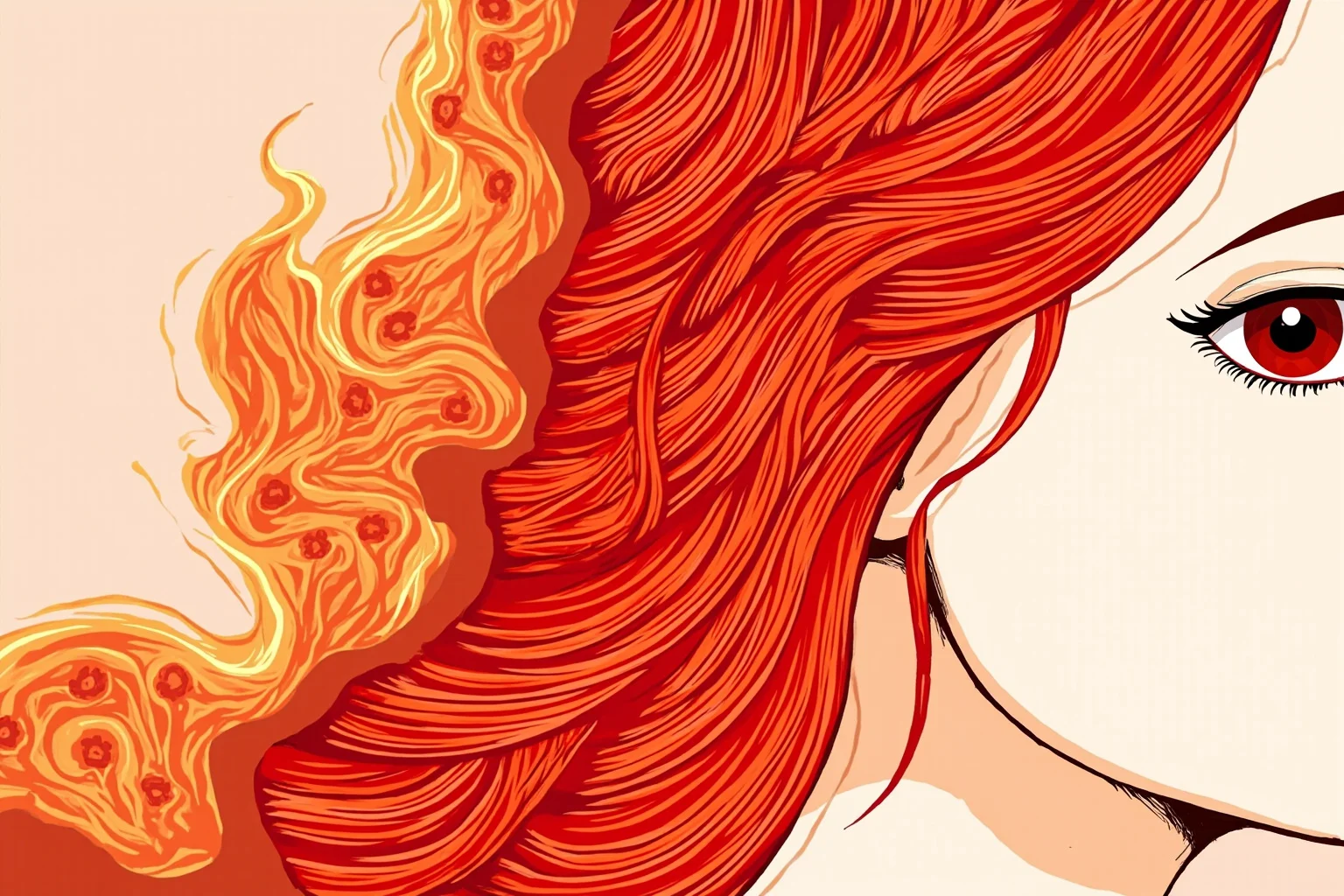 Illustration of a flame motif blending into a strand of red hair, symbolic design