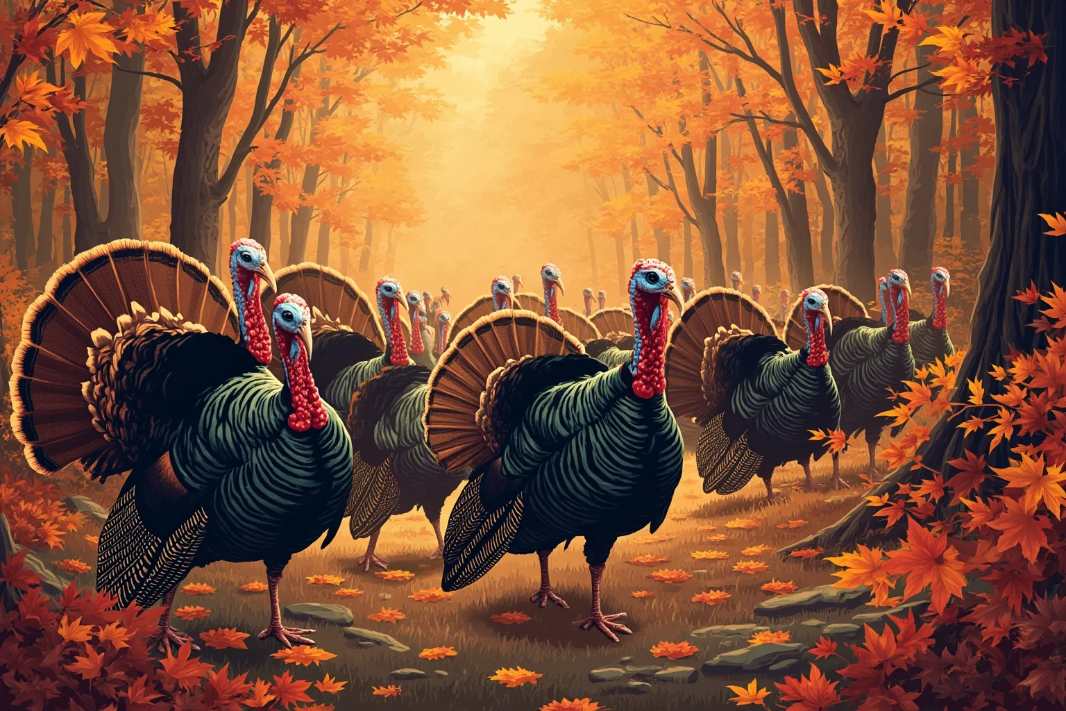 Illustration of a flock of wild turkeys in an autumn American forest