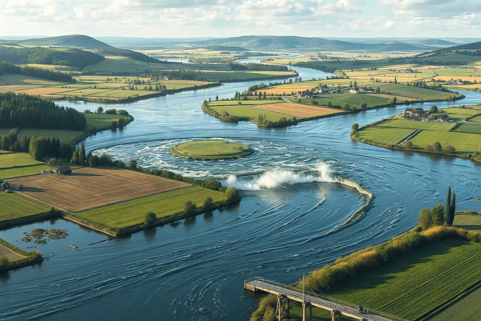 Illustration of a flooded river bursting through flat farmland with scattered villages