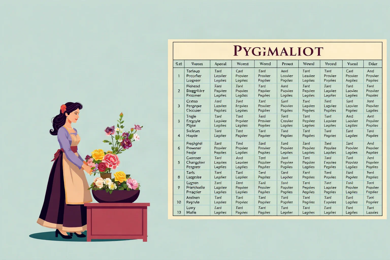 Illustration of a flower seller transforming into an elegant lady beside a phonetics chart, evoking Pygmalion