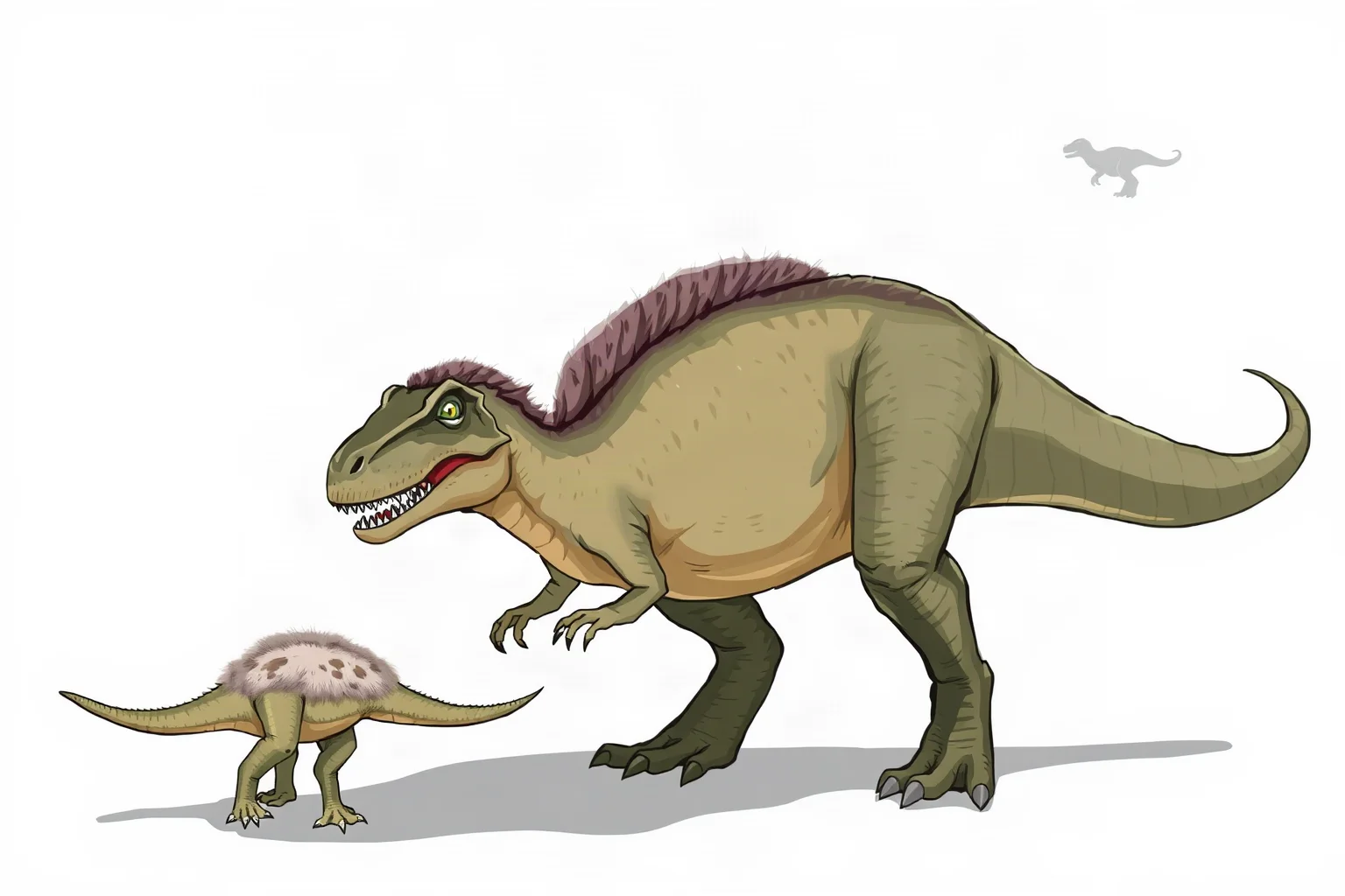 Illustration of a fluffy feathered small tyrannosauroid dinosaur beside a scalier adult T. rex for comparison