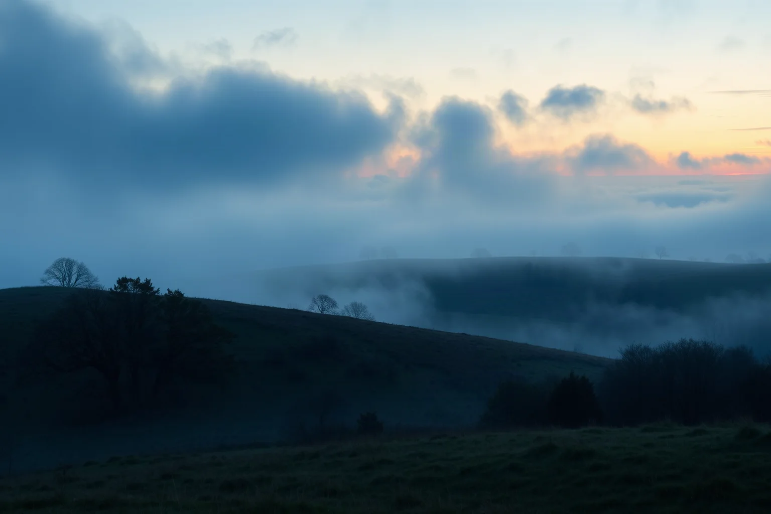Illustration of a foggy English moorland landscape at dusk