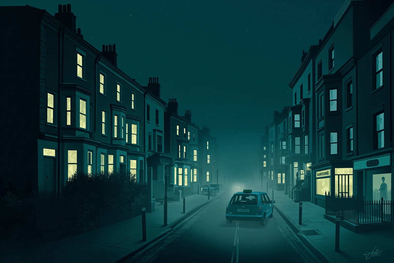 The Heartbreaking Life Story of Judy Garland: 26 Facts You Should Know 22 Illustration of a foggy London street at night with vintage row houses and a cab, 1960s aesthetic