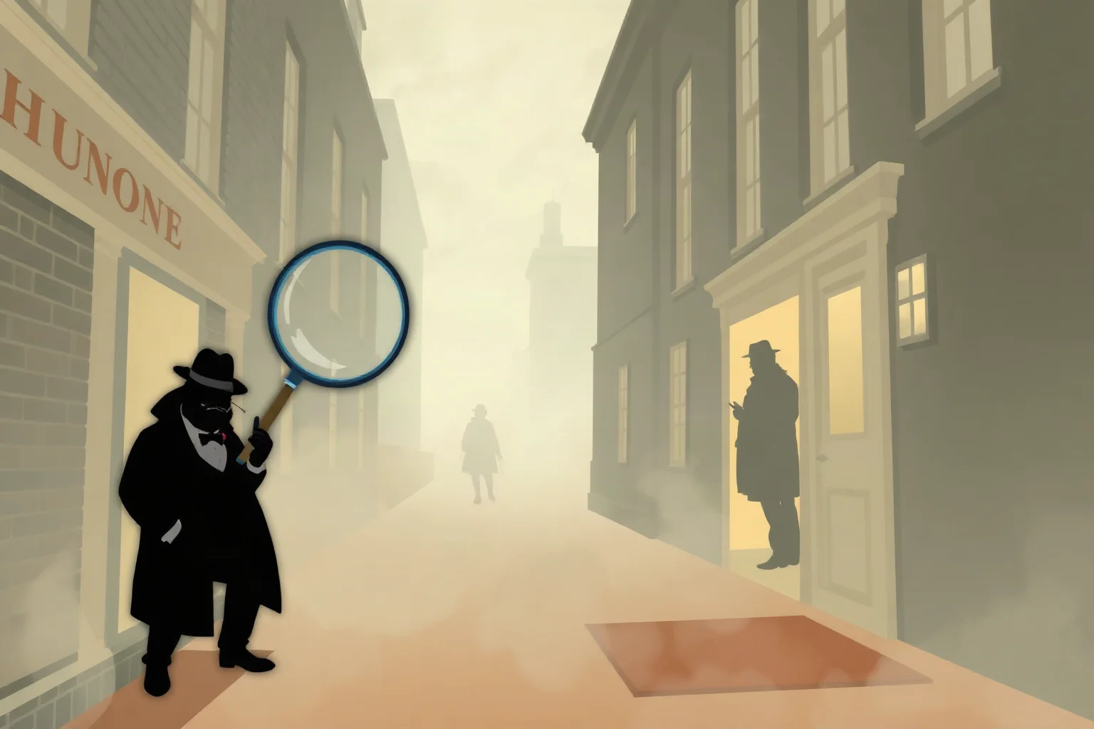 Illustration of a foggy Victorian London street with a magnifying glass and a detective's silhouette in a doorway