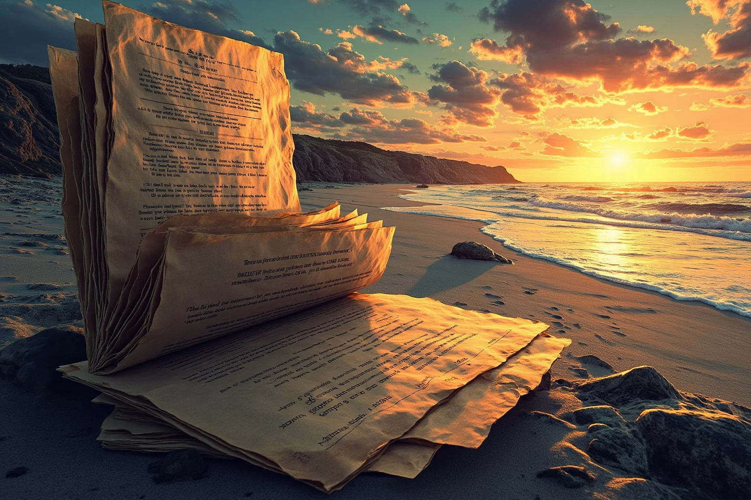 Illustration of a folder of secret documents and a beach shoreline at dawn, evoking a WWII deception operation