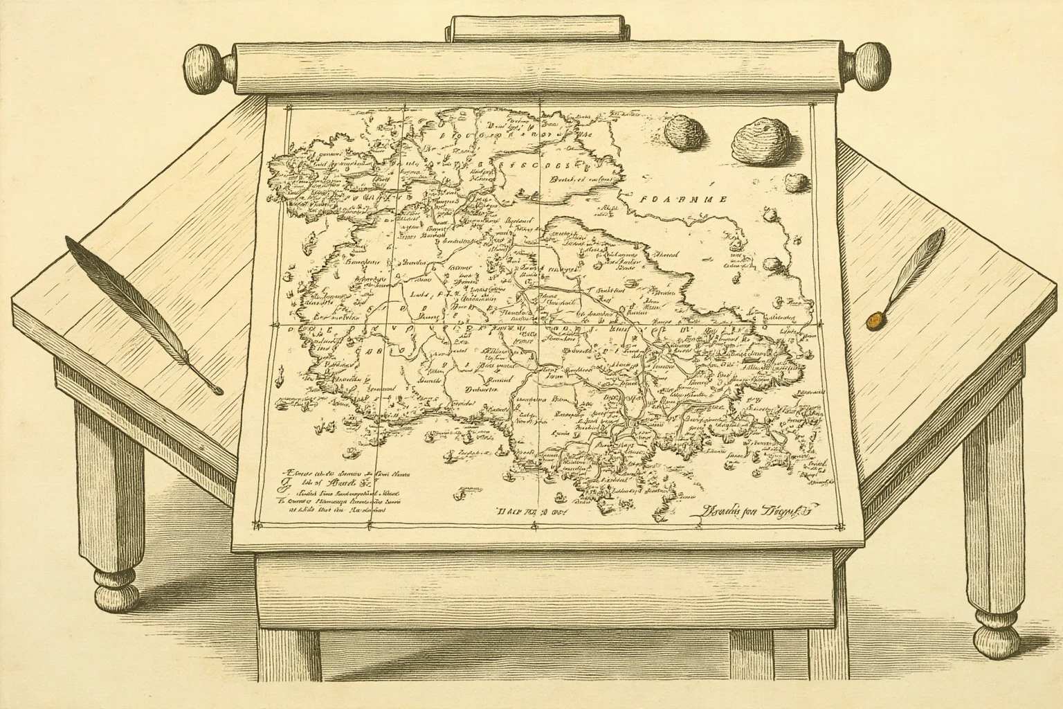 Illustration of a formal 19th-century negotiation table with a rolled map of a vast territory, feather pens, and wax seals