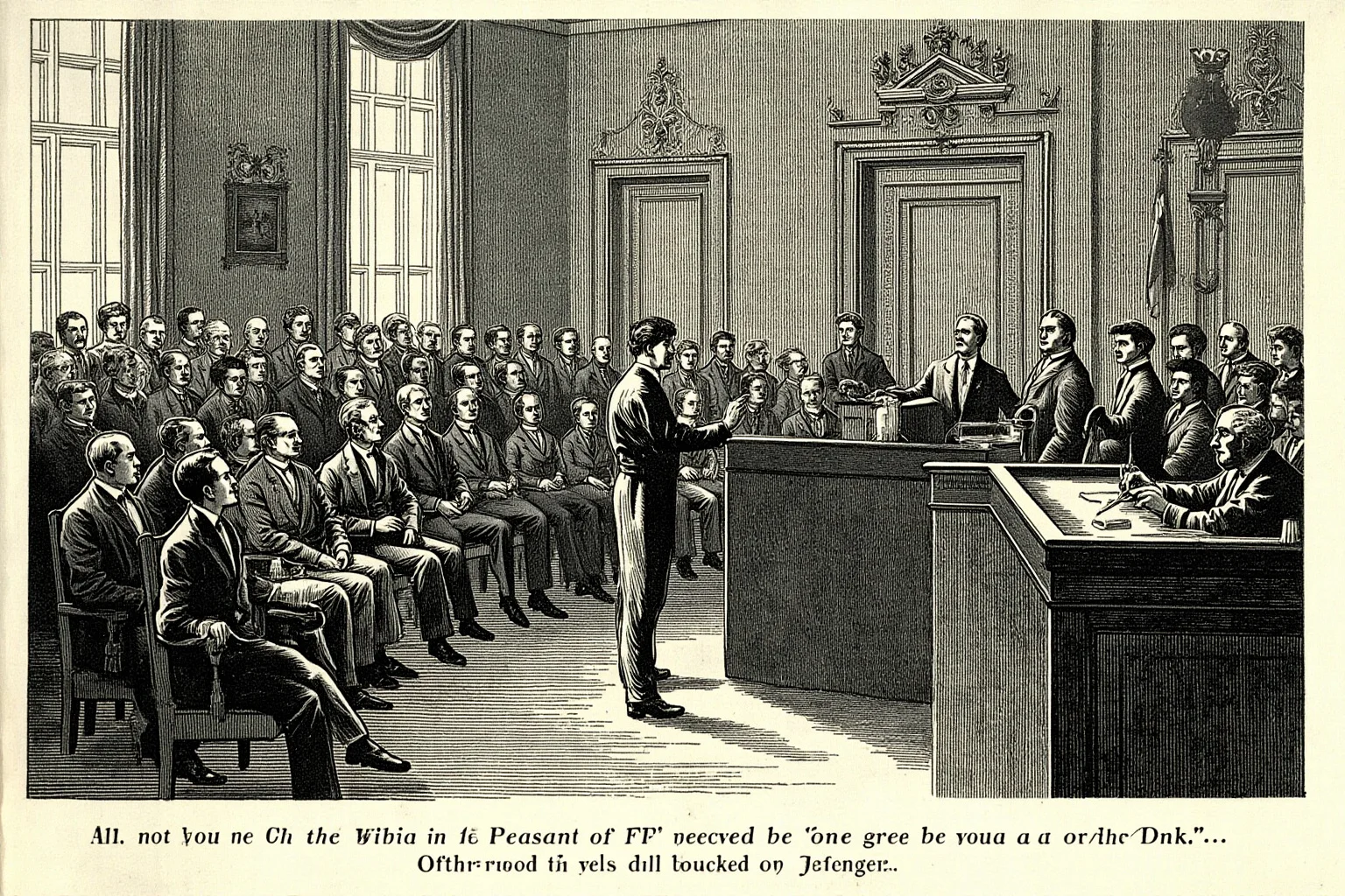 Illustration of a formal early 20th-century congressional chamber with a president addressing seated legislators