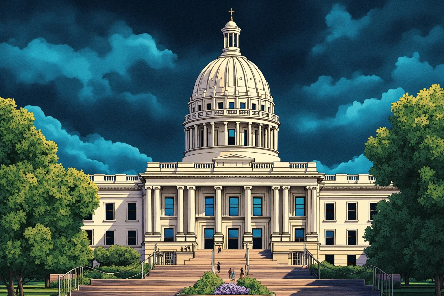 Illustration of a formal government building exterior with dramatic stormy sky overhead