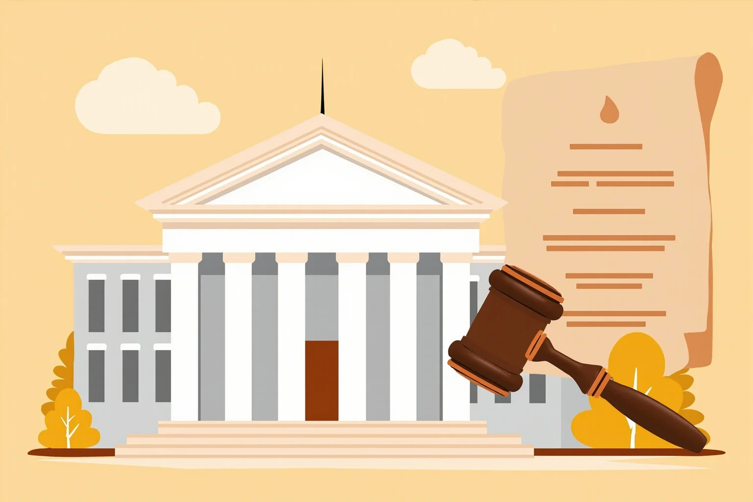 Illustration of a formal government building with a document and gavel symbolizing a legislative resolution