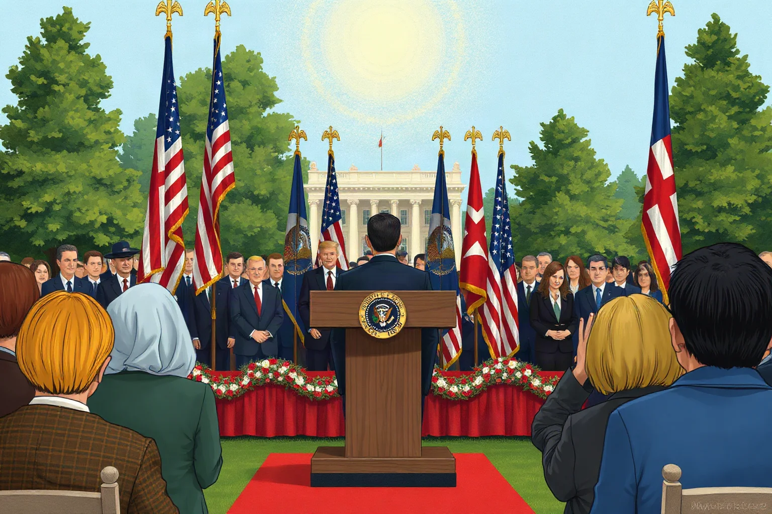 Illustration of a formal outdoor inauguration ceremony with flags and a wooden podium, crowd facing away from viewer