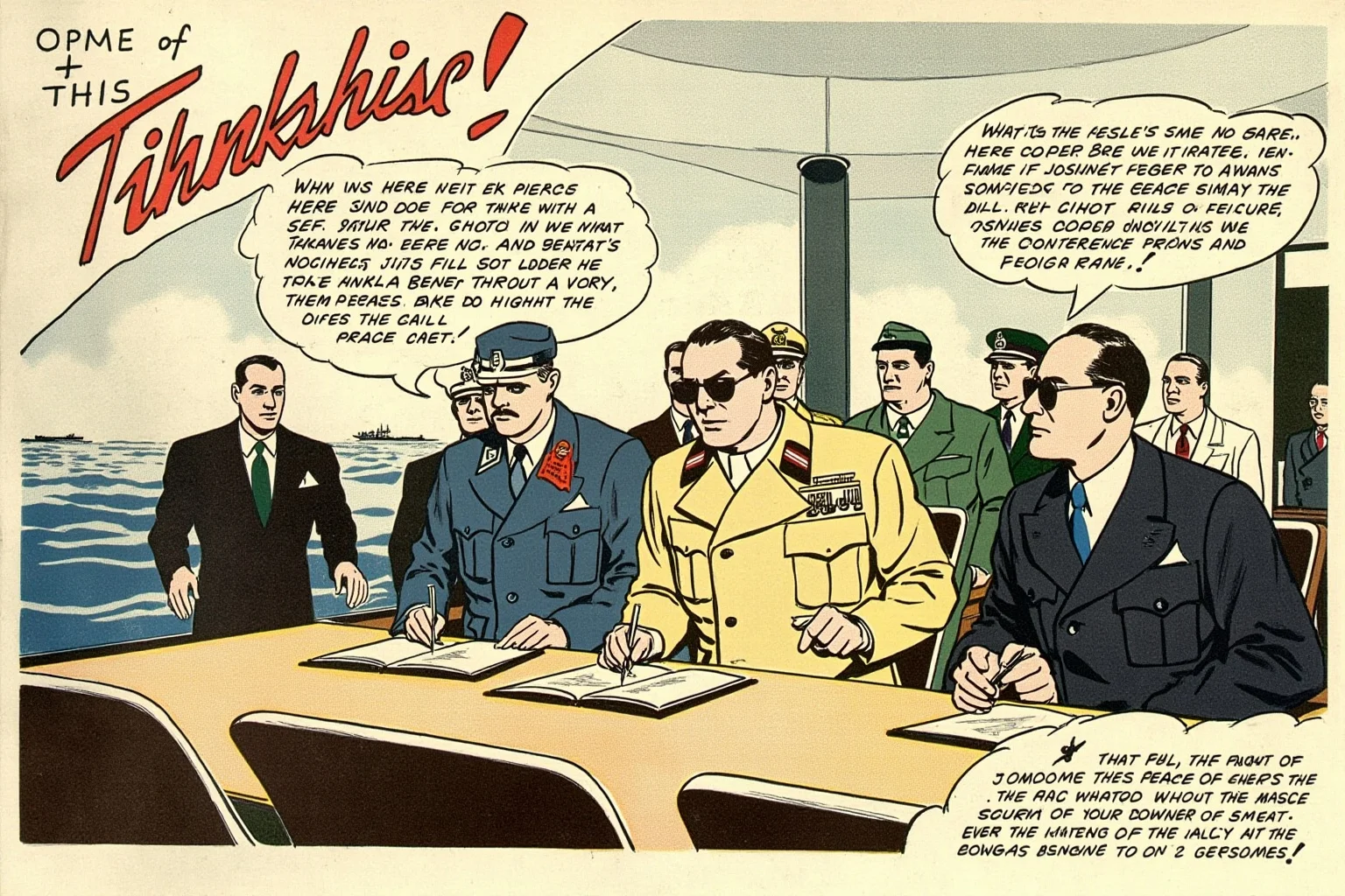 Illustration of a formal peace signing ceremony aboard a ship or in a conference hall, generic diplomats, mid-20th-century style