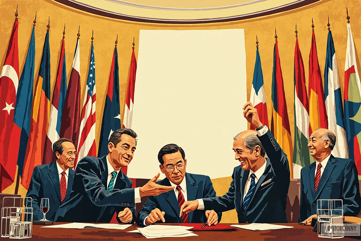 Illustration of a formal postwar conference room with flags of several nations and a large document being signed