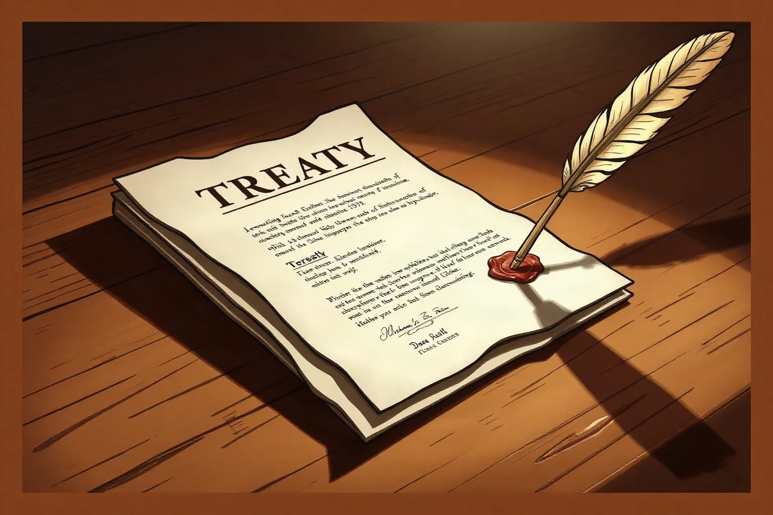 Illustration of a formal treaty document with wax seal and quill pen on a wooden table, dramatic lighting