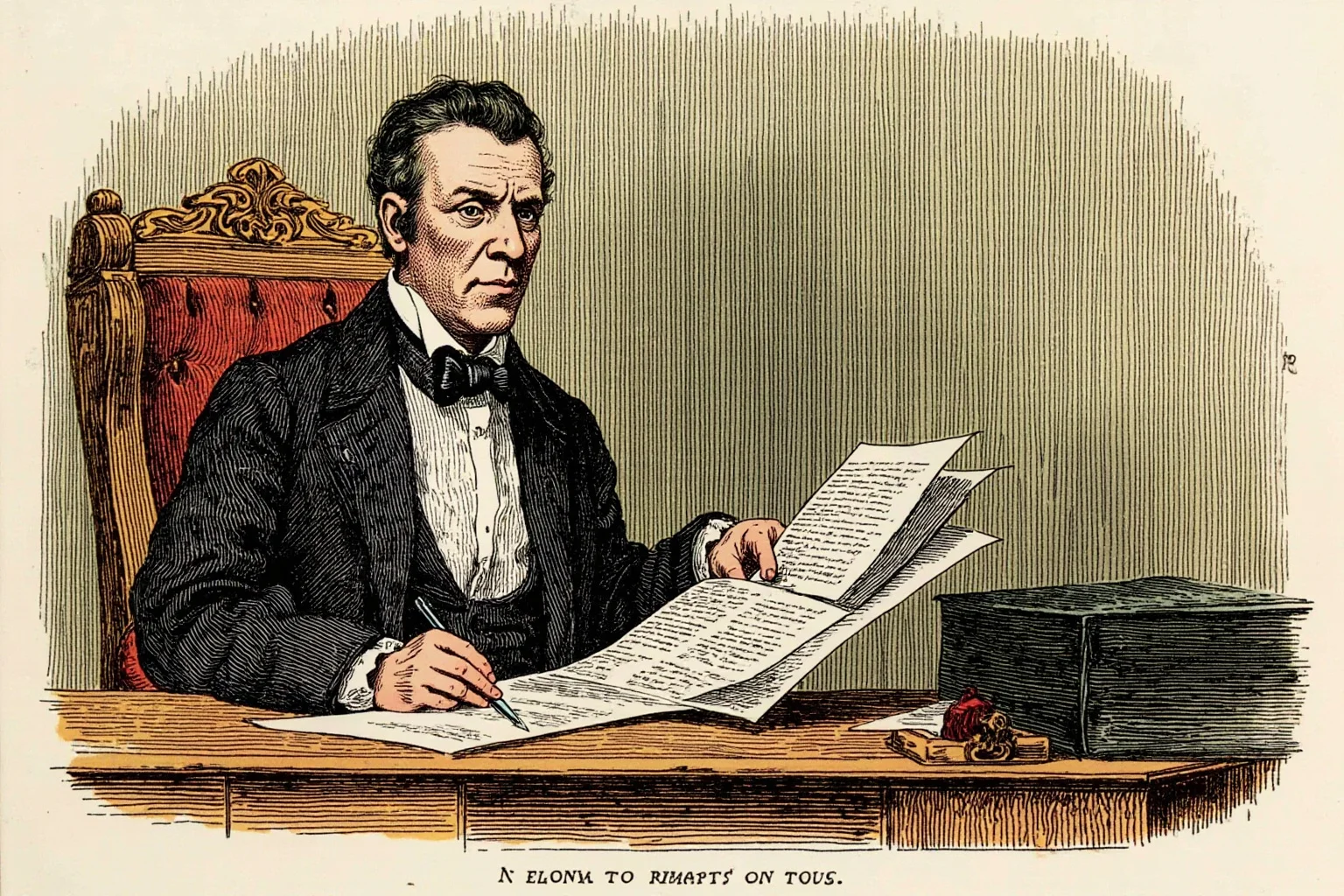 Illustration of a formally dressed 19th-century president reviewing reform documents at an ornate wooden desk.