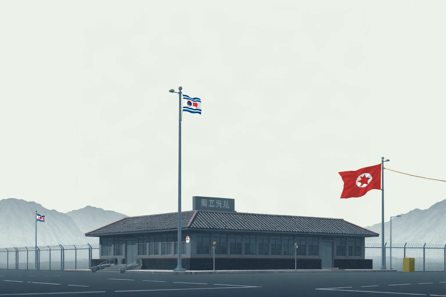 Illustration of a fortified 1950s Korean peninsula border checkpoint under grey skies