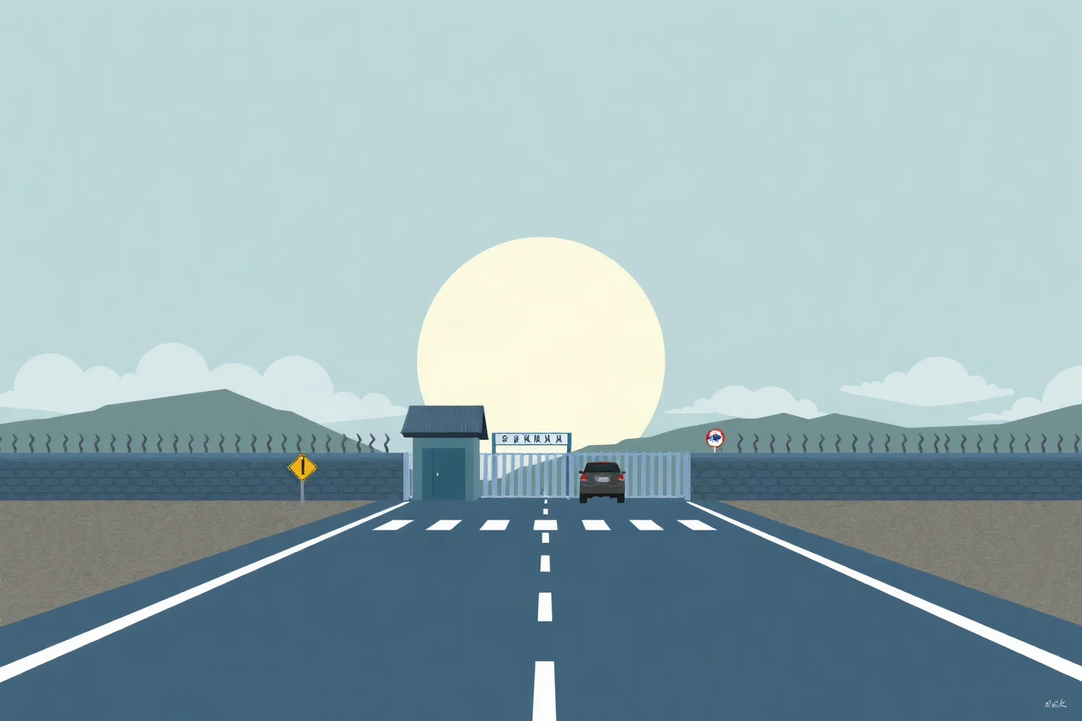 Illustration of a fortified border checkpoint representing the divided Korean peninsula