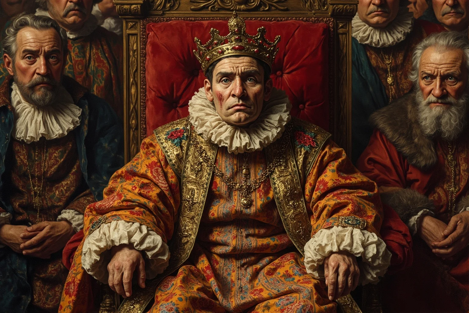 10 of History's Most 'Impactful' Leaders Who Actually Did Almost Nothing 7 Illustration of a frail young monarch in heavy embroidered Spanish royal robes seated on an oversized throne surrounded by concerned court ministers, baroque painting style