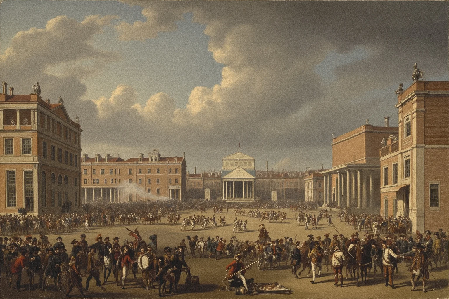 Illustration of a French Revolutionary-era public square with a raised platform and drumline, overcast dramatic sky, painterly style