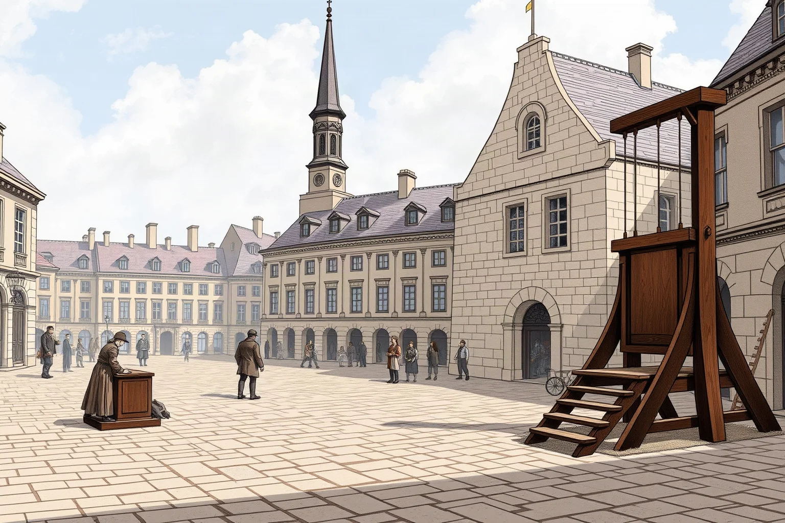 Illustration of a French Revolutionary-era public square with a guillotine platform and stone buildings