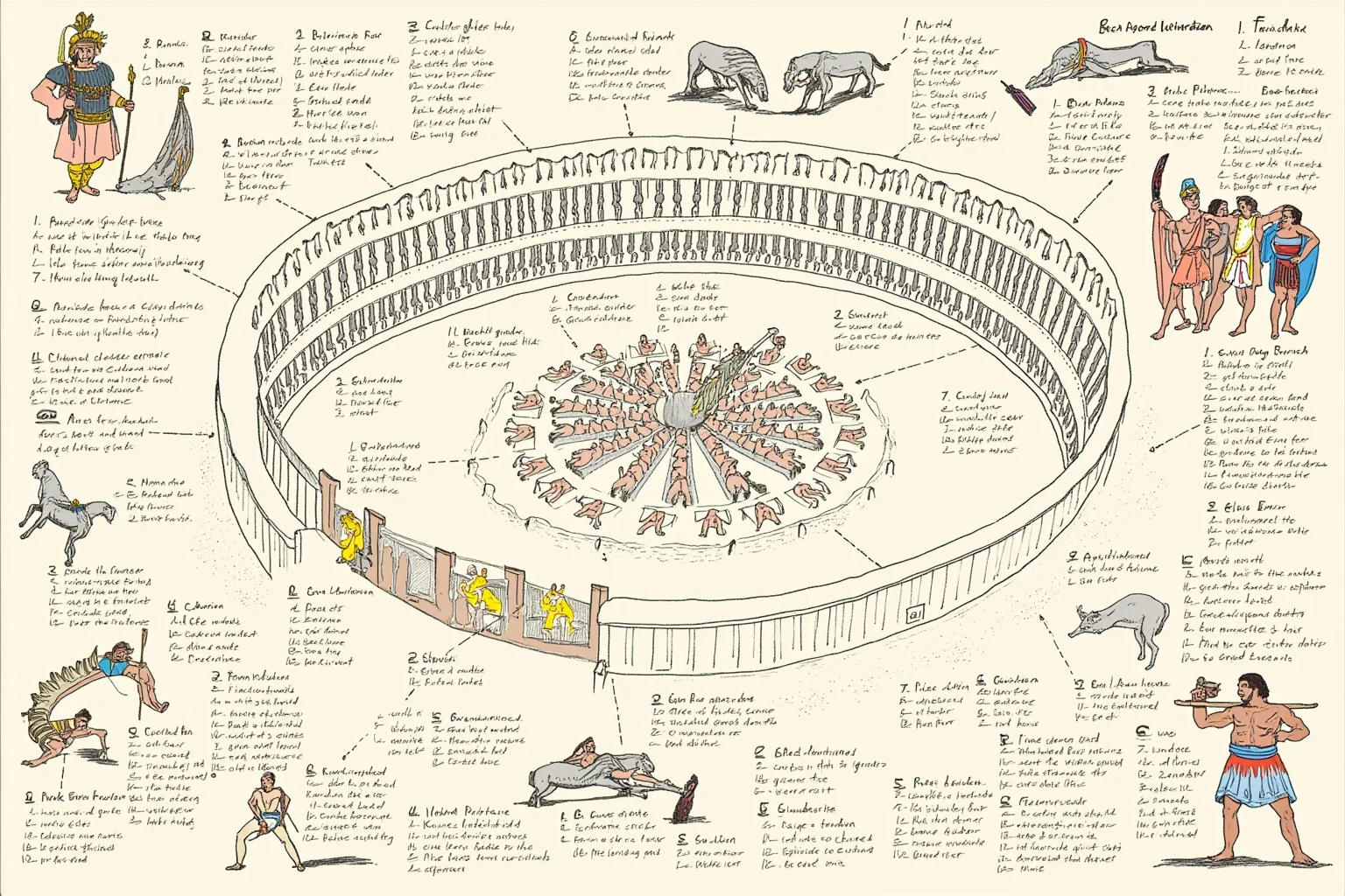 Illustration of a full day of Roman arena events shown as a sequence, animals, executions, gladiators