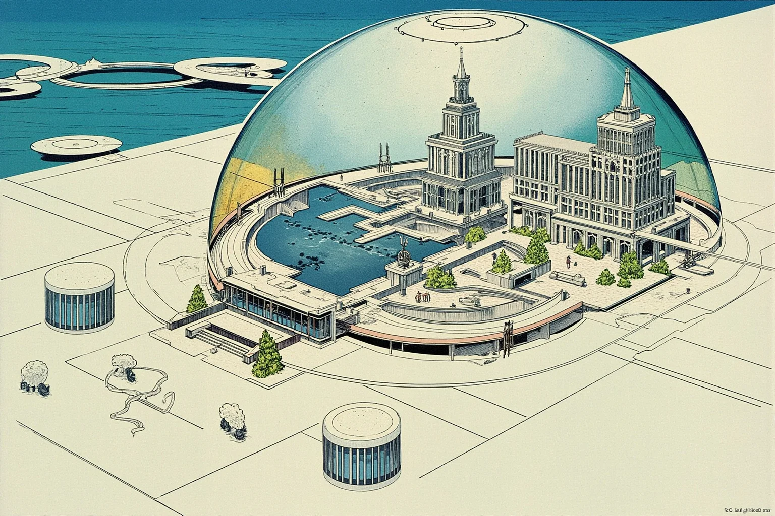 Walt Disney: 10 Controversies That Haunt Him & 10 Ways He Changed the World 21 Illustration of a futuristic 1960s-style model city under a glass dome, blueprint and concept-art aesthetic