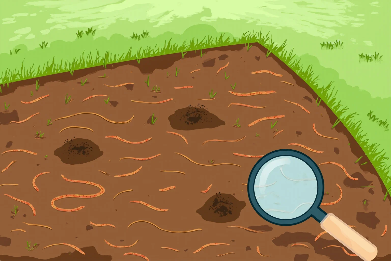 Illustration of a garden plot with visible earthworm burrows and a magnifying glass resting on soil