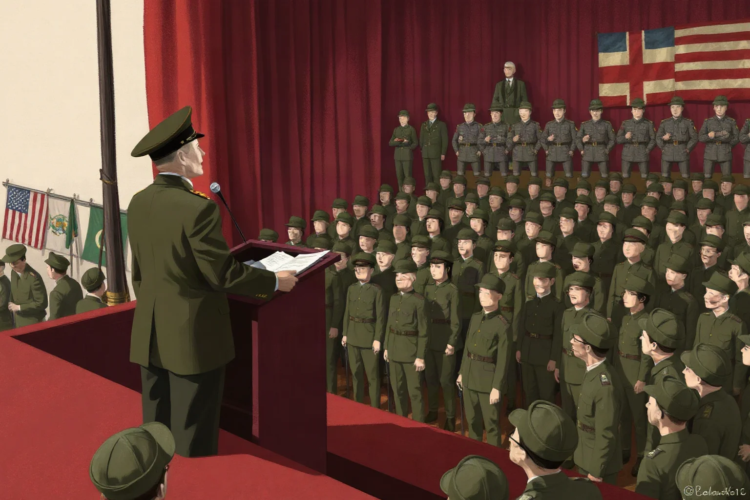 Illustration of a general addressing a large crowd of soldiers from a stage, WWII era