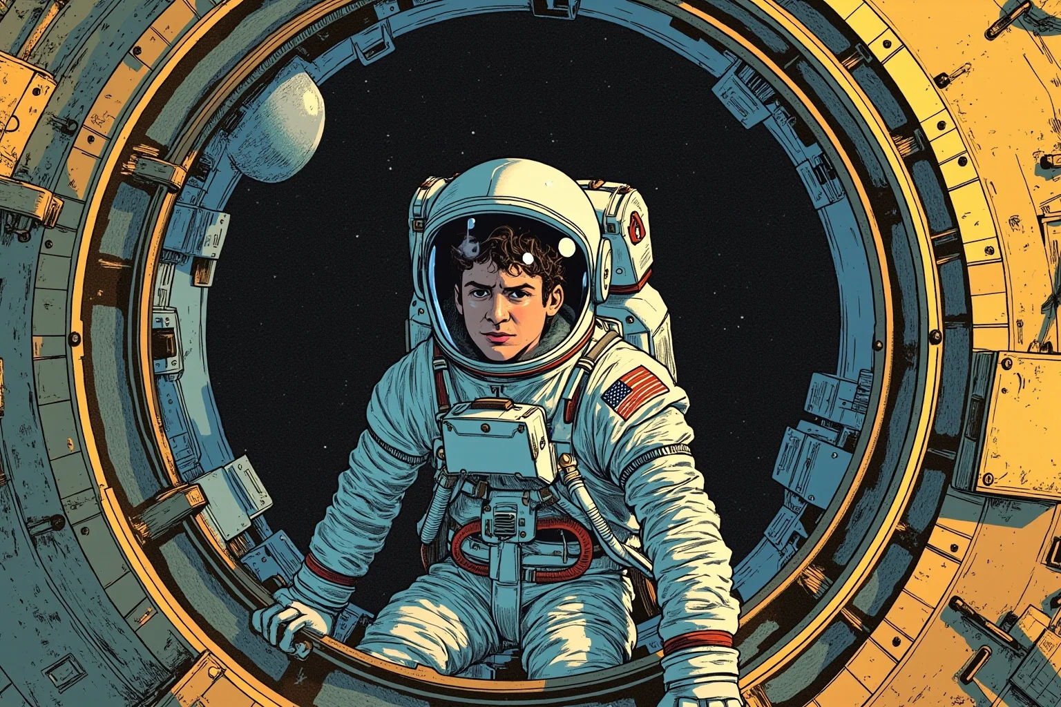 Facts About The Space Race: 25 Things Everyone Gets Wrong (or Right) 7 Illustration of a generic astronaut in an early silver spacesuit inside a small cramped space capsule