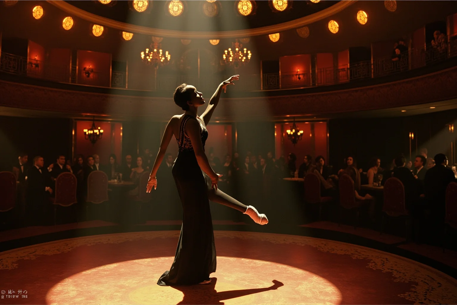 Illustration of a glamorous 1920s Black female dancer performing on a Parisian cabaret stage, art deco stage design, dramatic lighting