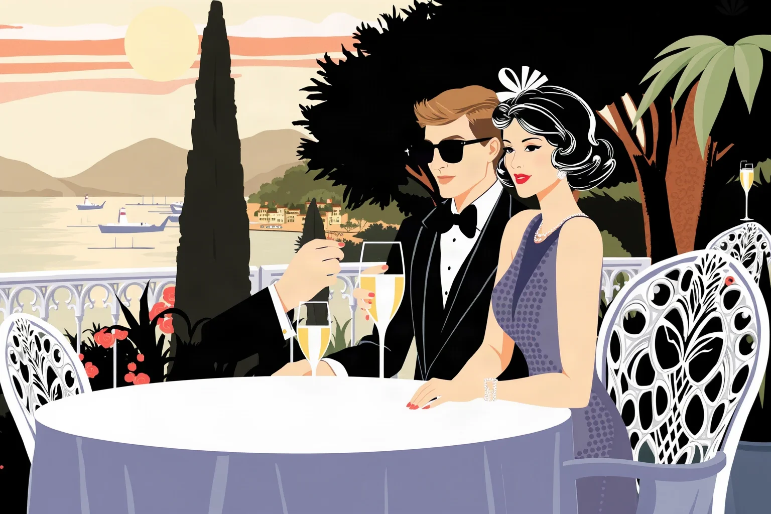 Illustration of a glamorous 1920s couple hosting an elegant garden party on the French Riviera, art deco fashion