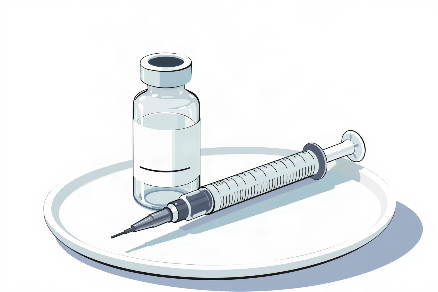Illustration of a glass vaccine vial and a medical syringe on a clean white tray, mid-century style