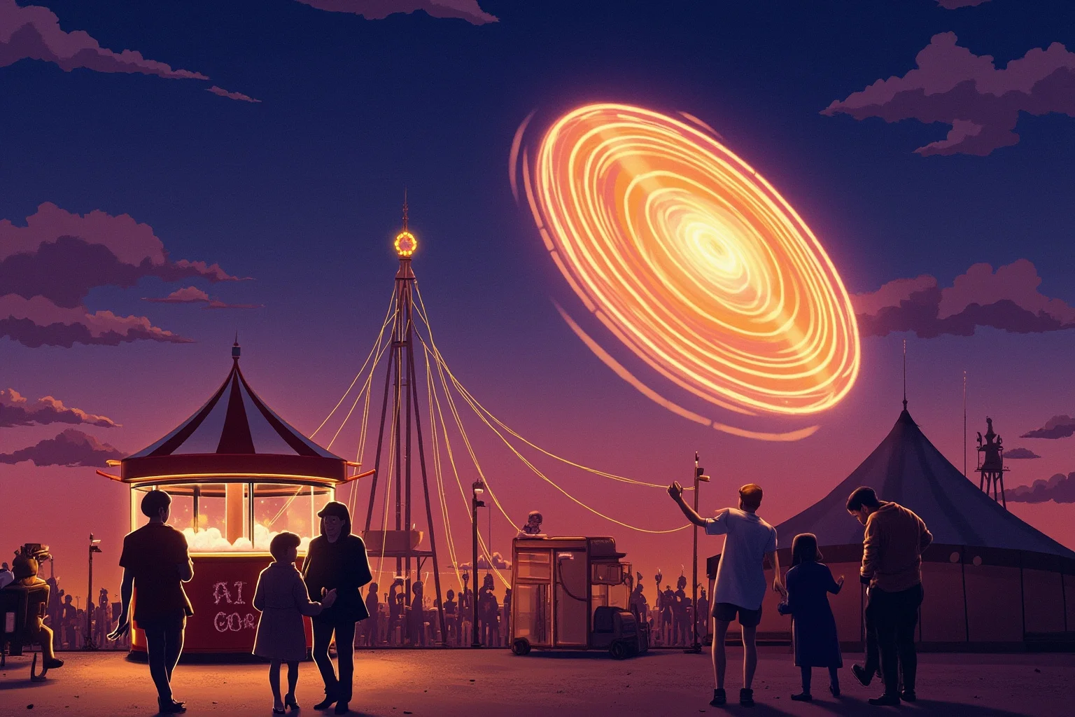 Illustration of a glowing carnival scene at dusk with a spinning cotton candy machine as the centerpiece