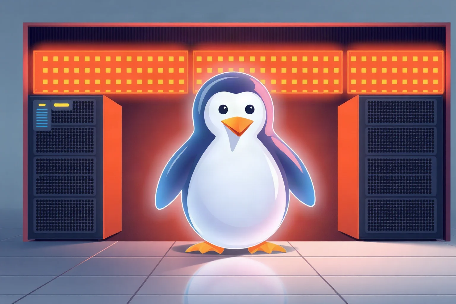 Illustration of a glowing open-source penguin-free server rack representing collaborative software development