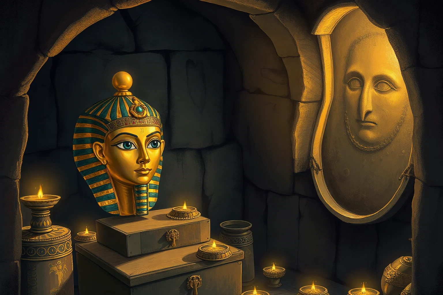 Illustration of a golden funerary mask and treasures inside a dimly lit ancient tomb chamber