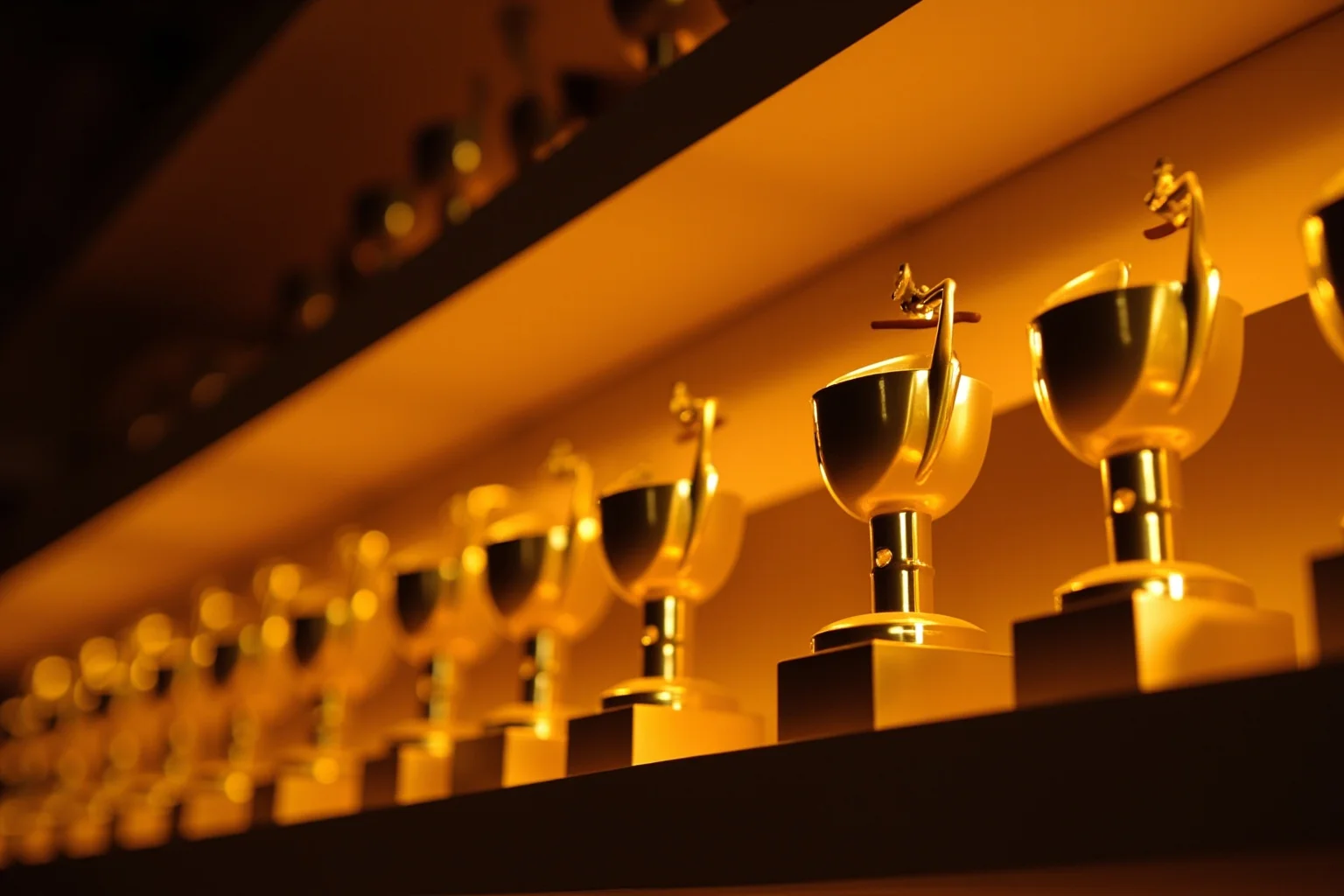 Walt Disney: 10 Controversies That Haunt Him & 10 Ways He Changed the World 17 Illustration of a golden trophy statuette shelf lined with many identical small gold awards, warm spotlight