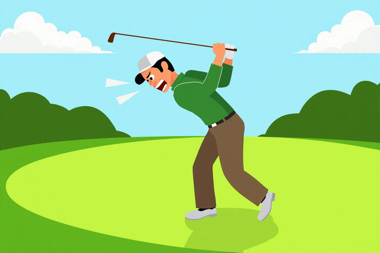 26 Famous Mark Twain Quotes (And the Ones He Never Actually Said) 24 Illustration of a golfer mid-swing looking exasperated on a sunny green course, cartoonish