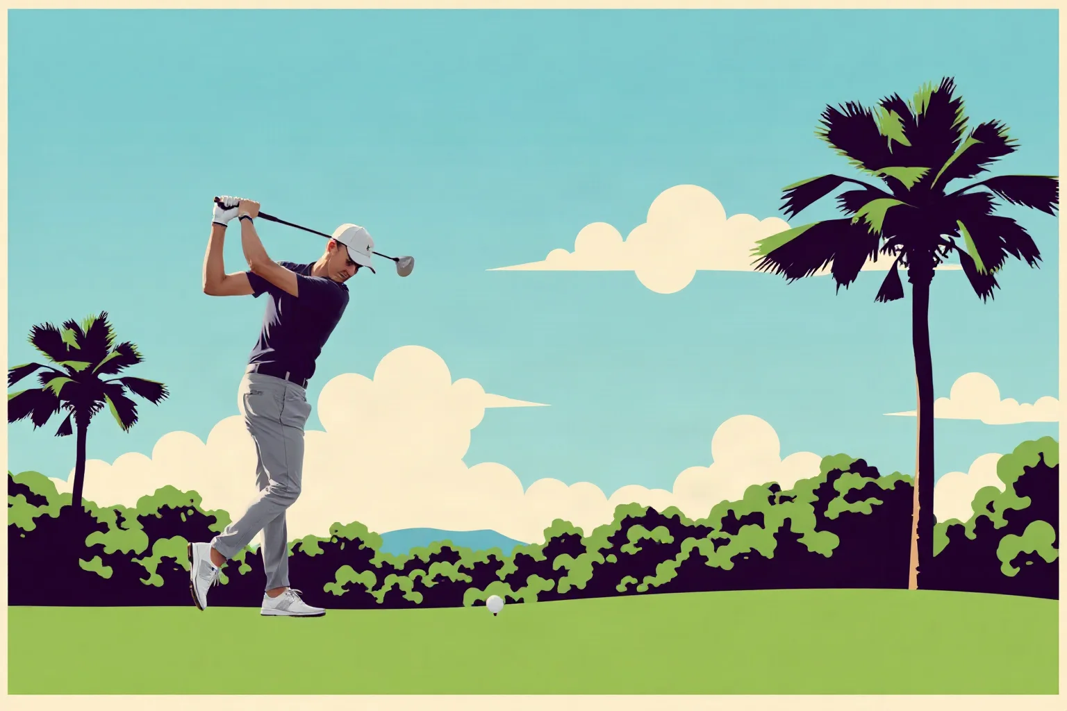 Illustration of a golfer mid-swing on a green fairway under a clear sky, retro sports poster art style