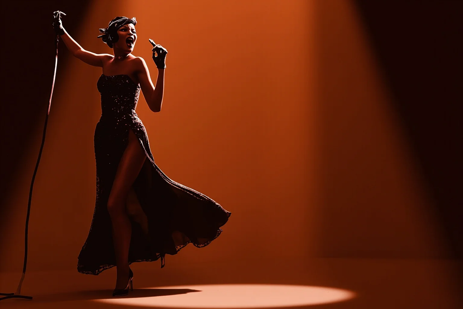 Illustration of a graceful 1920s Black female singer and dancer performing on a Broadway stage, elegant flapper-era costume, warm spotlight