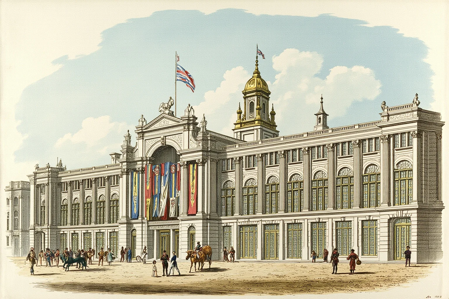 Illustration of a grand 19th-century stone parliament building decorated with flags for a ceremonial event